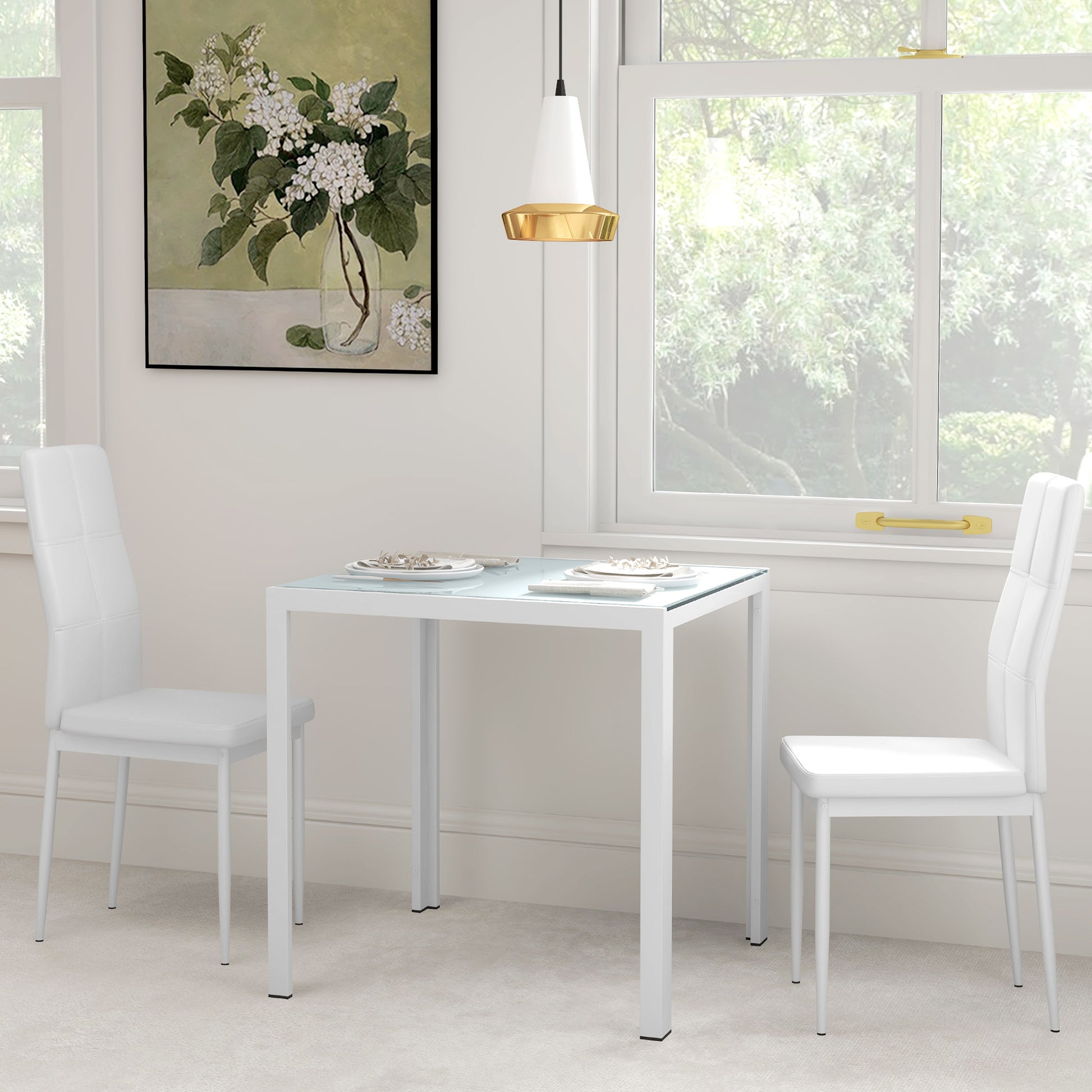 3-Piece Dining Set - Glass Table & Chairs White-DECOROLALA