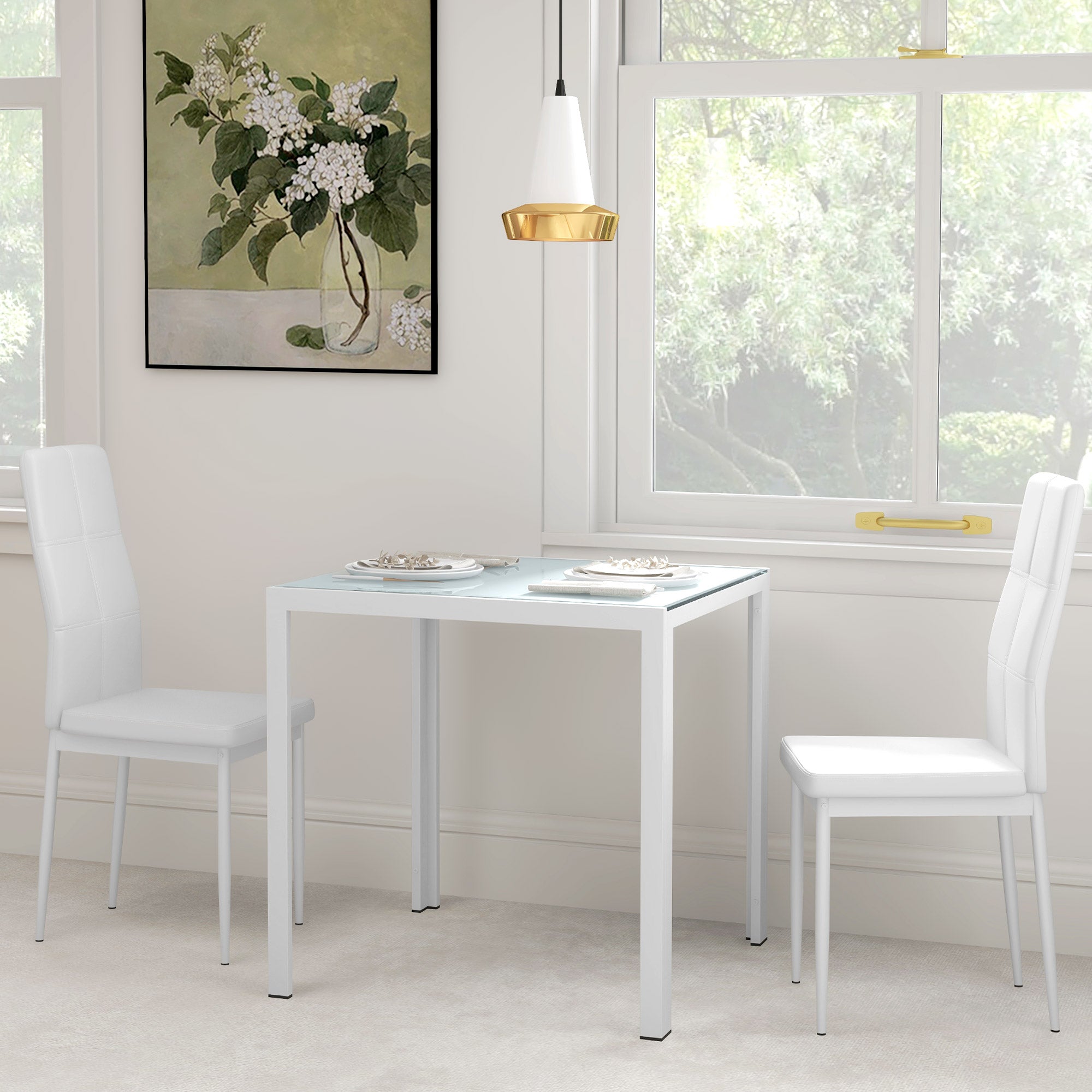3-Piece Dining Set - Glass Table & Chairs White-DECOROLALA
