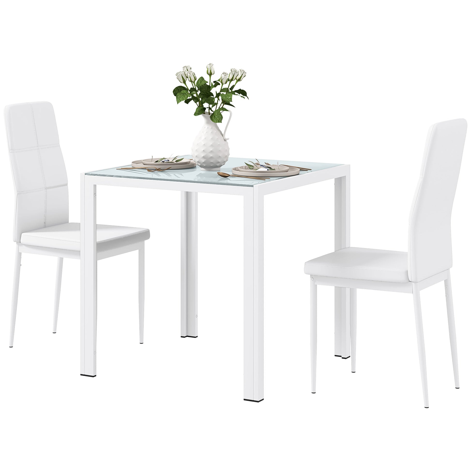 3-Piece Dining Set - Glass Table & Chairs White-DECOROLALA