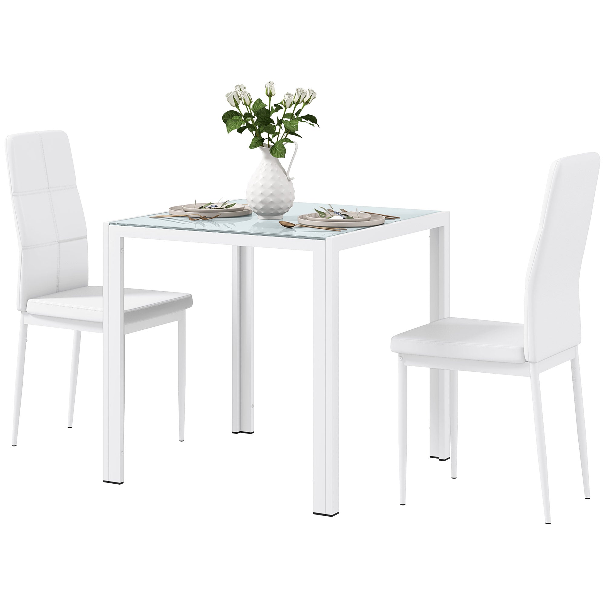 3-Piece Dining Set - Glass Table & Chairs White-DECOROLALA