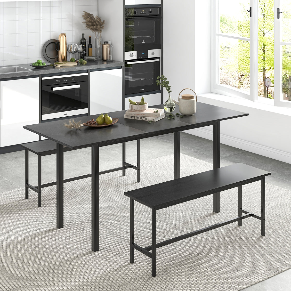 3 Piece Dining Table Set for 4-6 with 2 Benches-Black-Dining Room Sets-DECOROLALA