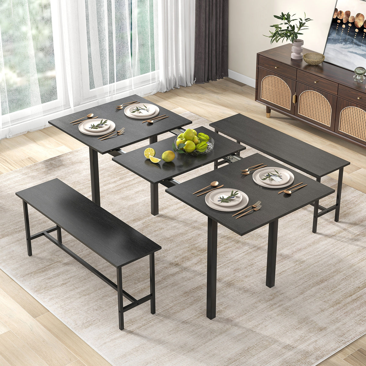 3 Piece Dining Table Set for 4-6 with 2 Benches-Black-Dining Room Sets-DECOROLALA