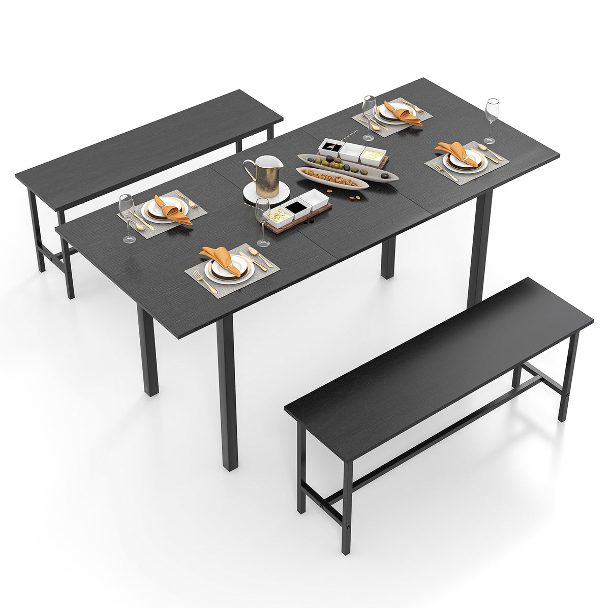 3 Piece Dining Table Set for 4-6 with 2 Benches-Black-Dining Room Sets-DECOROLALA