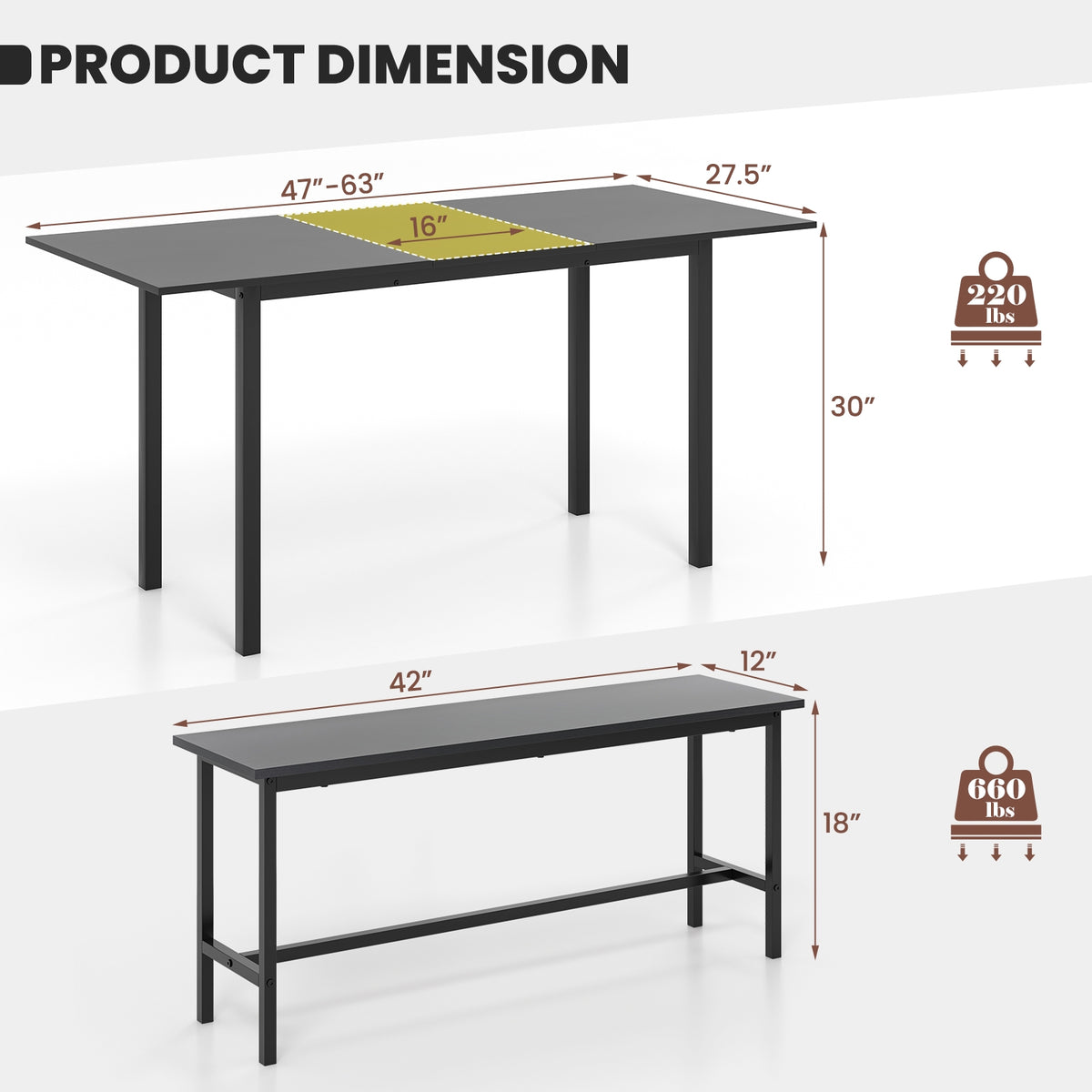 3 Piece Dining Table Set for 4-6 with 2 Benches-Black-Dining Room Sets-DECOROLALA