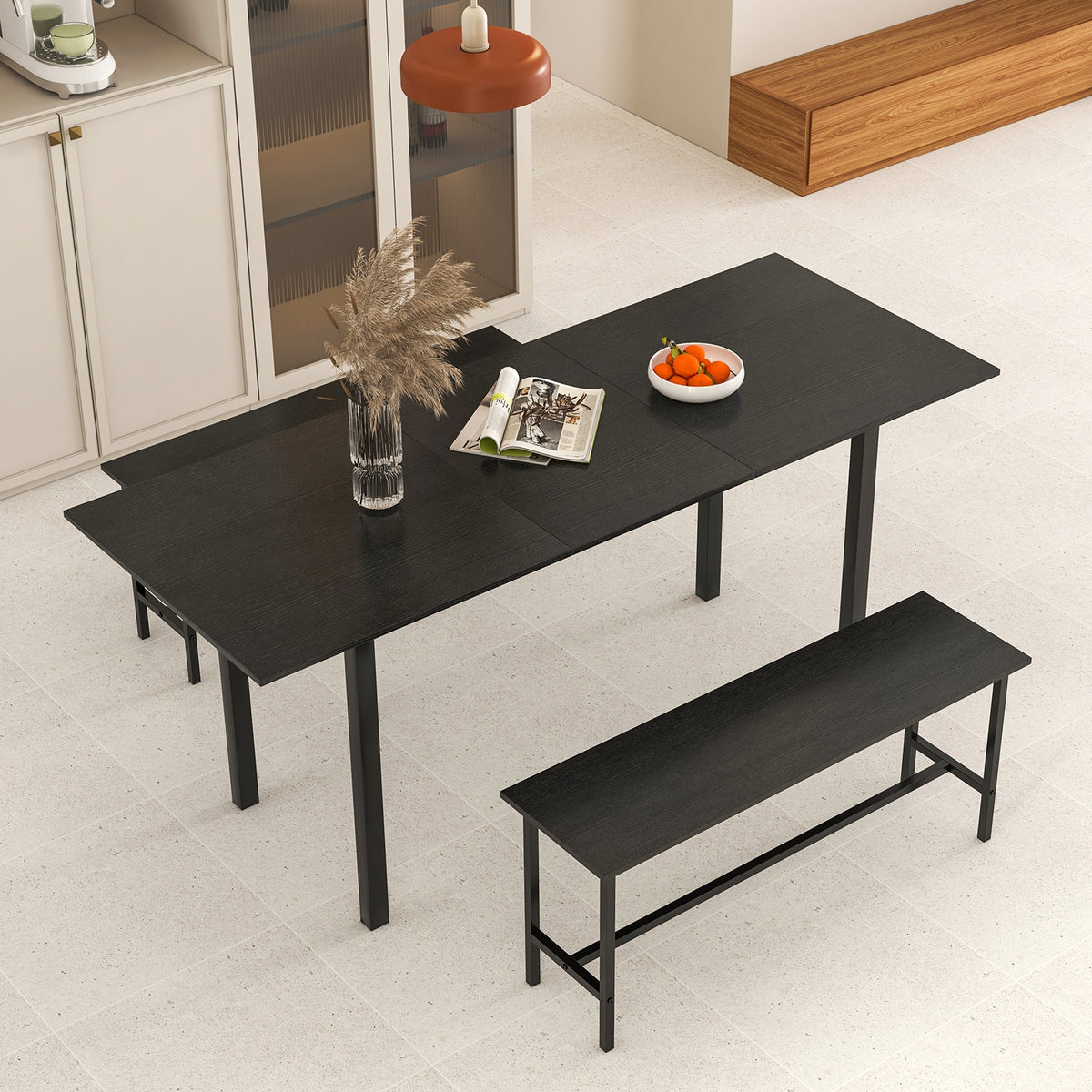 3 Piece Dining Table Set for 4-6 with 2 Benches-Black-Dining Room Sets-DECOROLALA