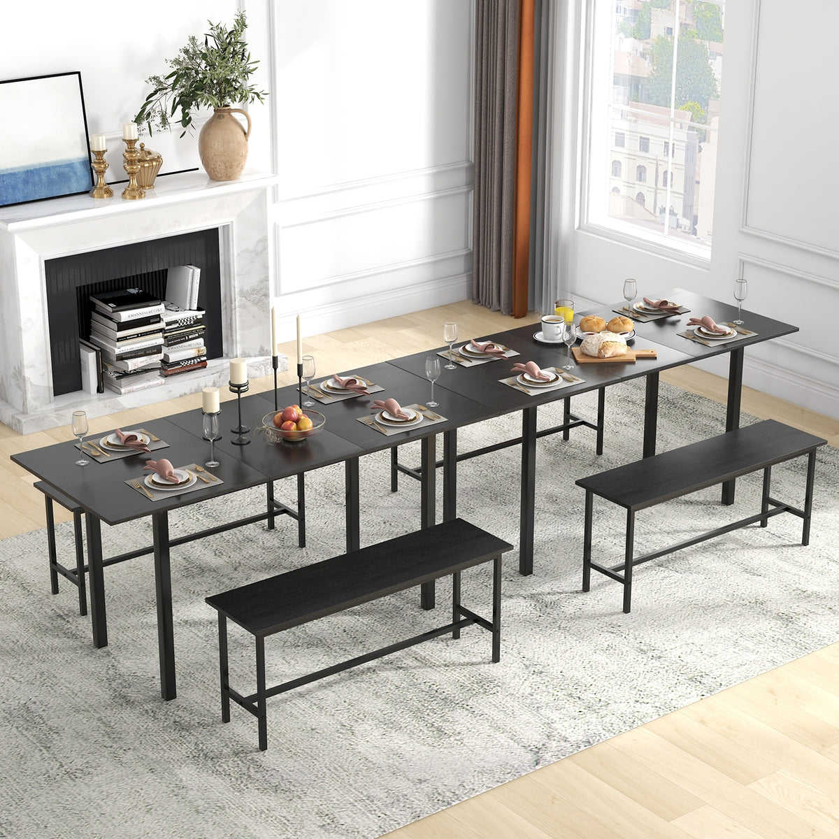3 Piece Dining Table Set for 4-6 with 2 Benches-Black-Dining Room Sets-DECOROLALA