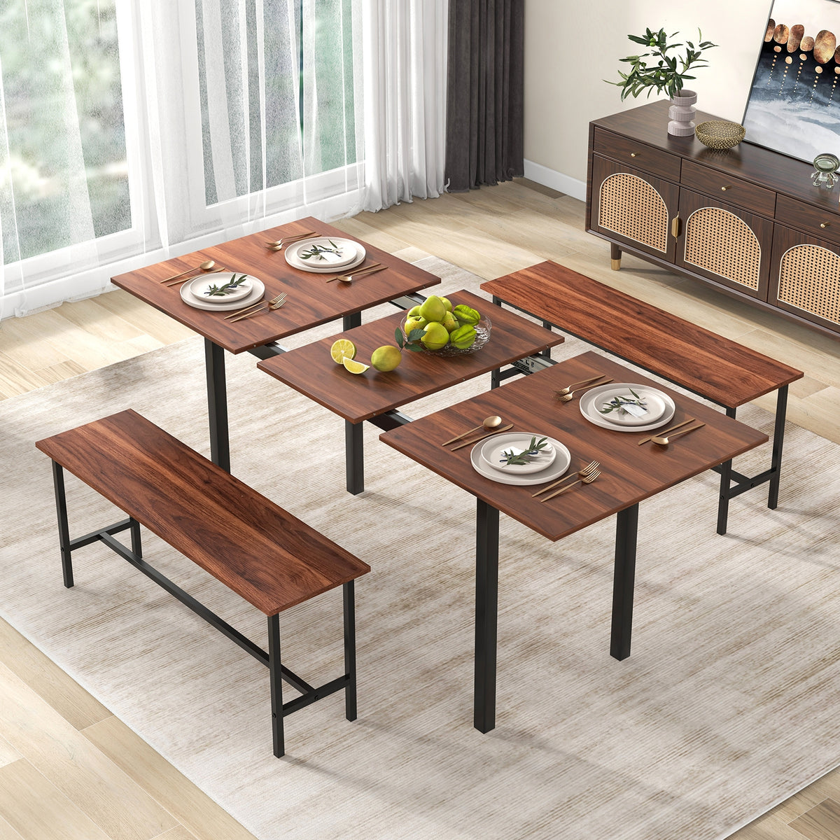 3 Piece Dining Table Set for 4-6 with 2 Benches-Walnut-Dining Room Sets-DECOROLALA