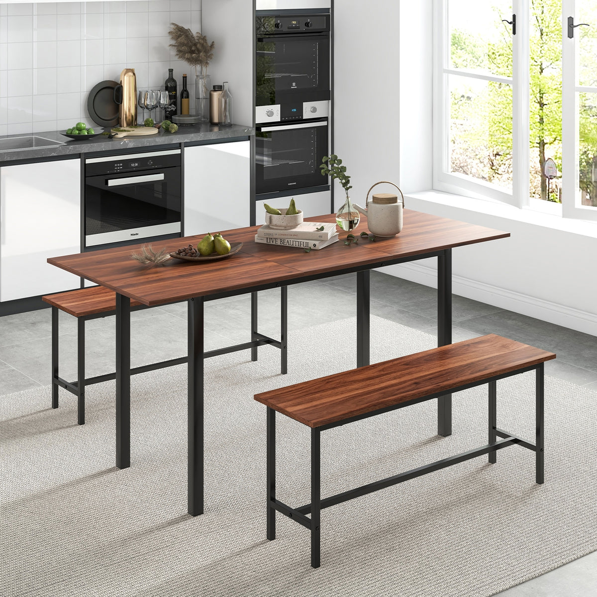 3 Piece Dining Table Set for 4-6 with 2 Benches-Walnut-Dining Room Sets-DECOROLALA