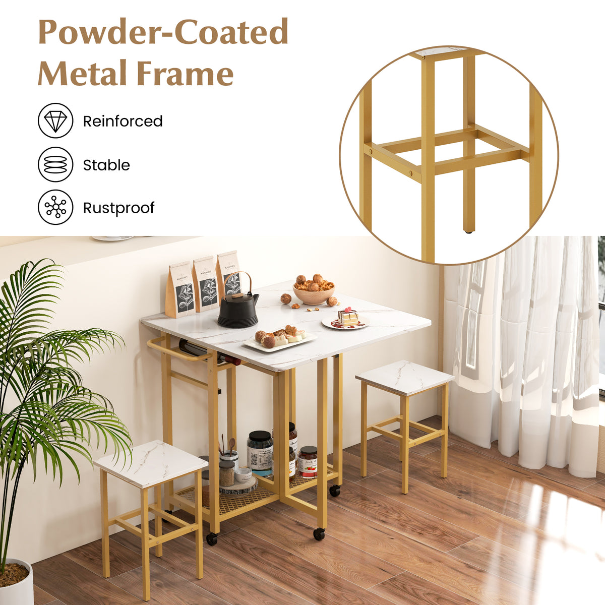 3 Piece Dining Table Set with 6-Bottle Wine Rack-White-Dining Room Sets-DECOROLALA