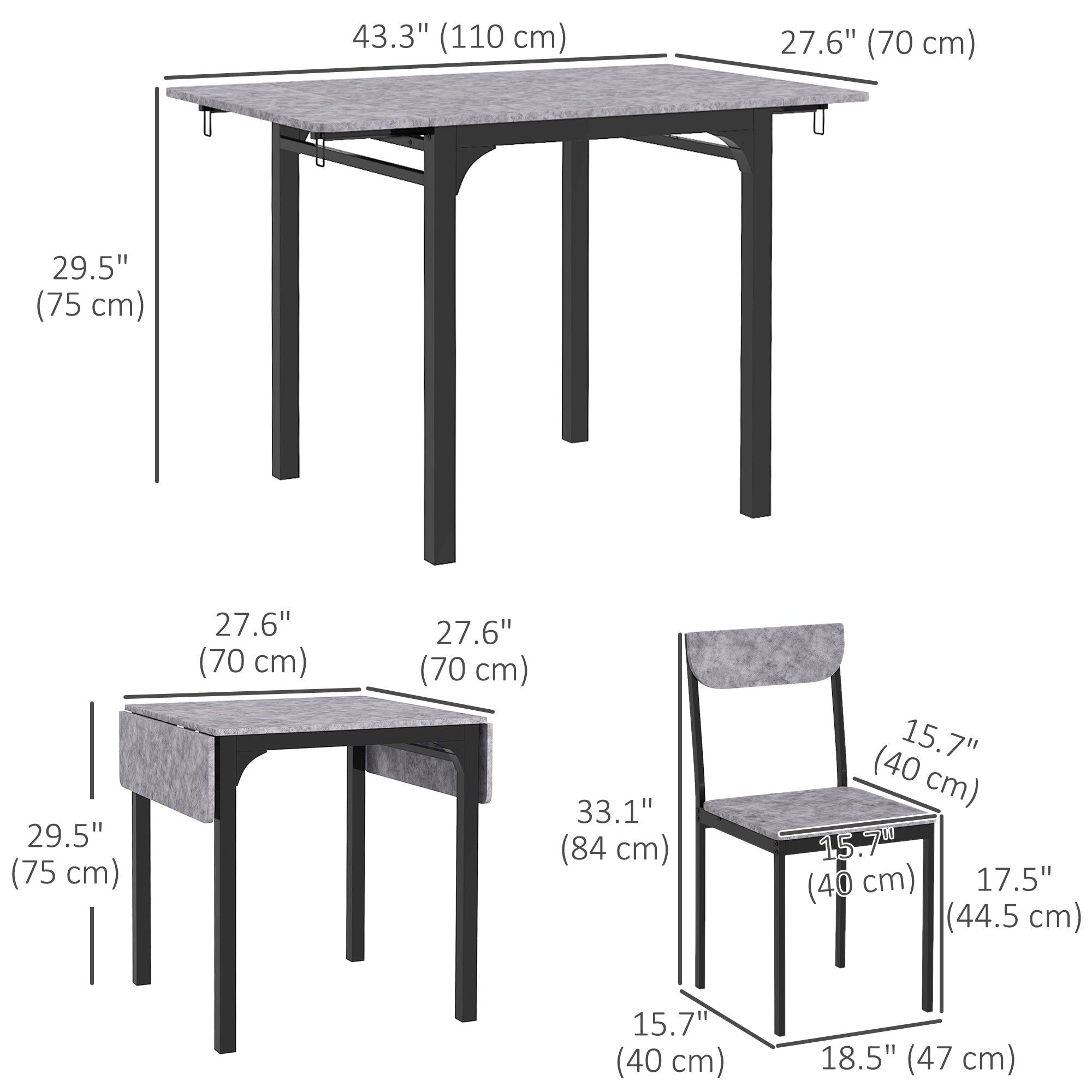 3-Piece Drop-Leaf Dining Table Set with 2 Chairs - Light Grey-DECOROLALA