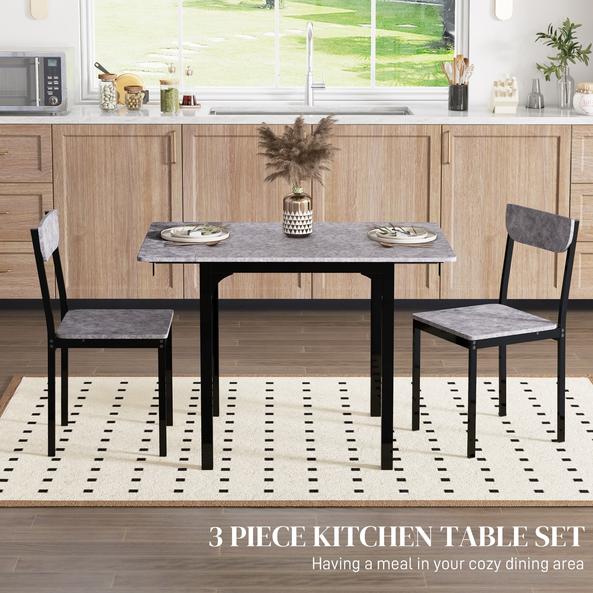 3-Piece Drop-Leaf Dining Table Set with 2 Chairs - Light Grey-DECOROLALA