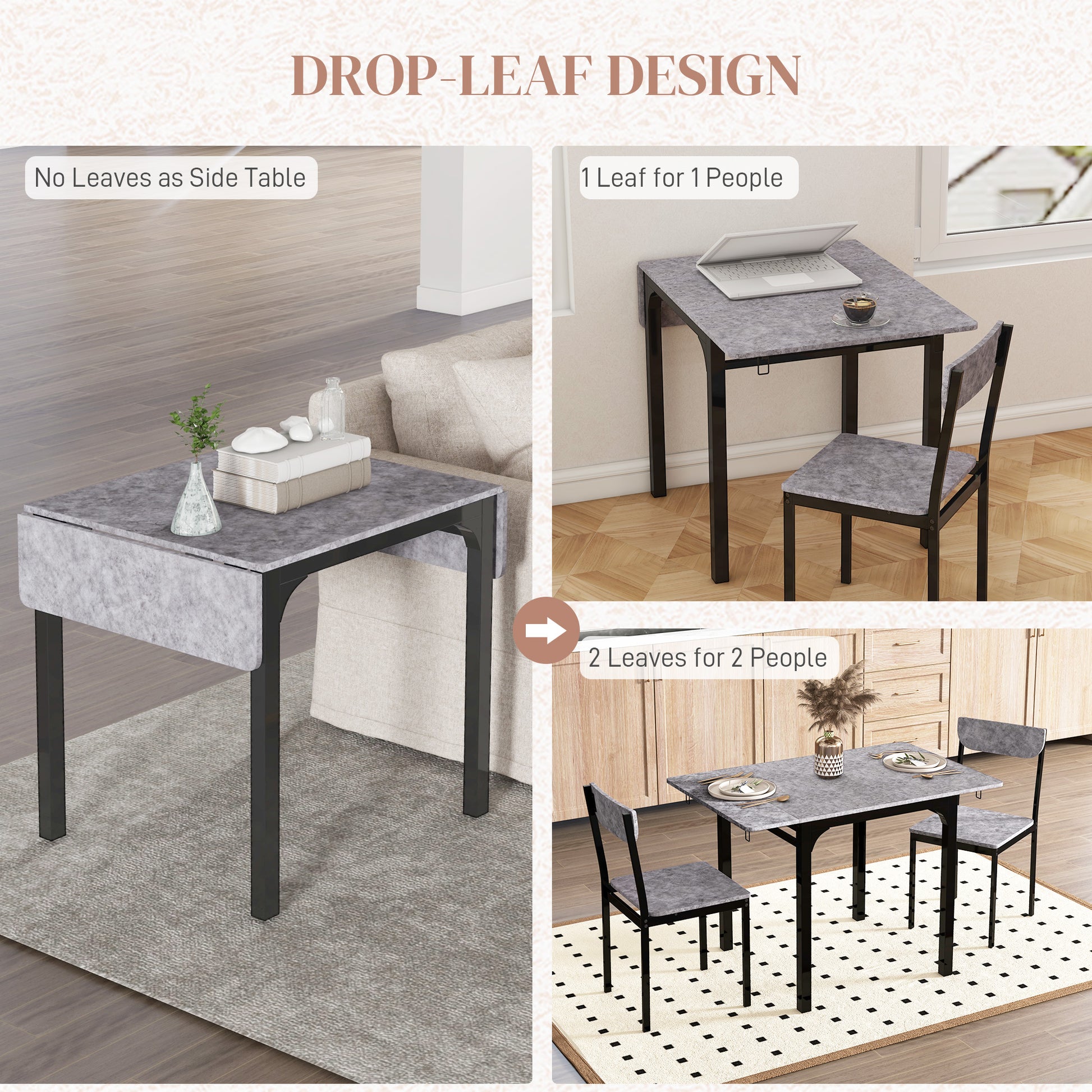 3-Piece Drop-Leaf Dining Table Set with 2 Chairs - Light Grey-DECOROLALA