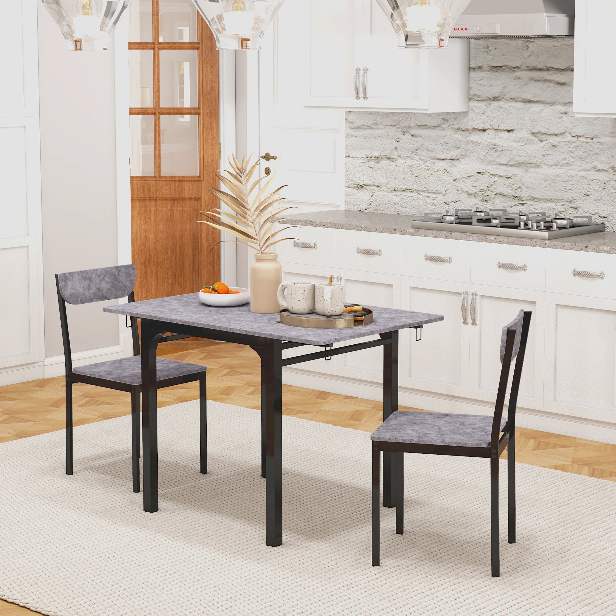 3-Piece Drop-Leaf Dining Table Set with 2 Chairs - Light Grey-DECOROLALA