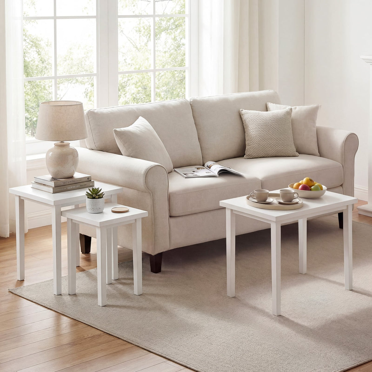 3-Piece Farmhouse Rectangle Side Table Set for Living Room-White-End & Side Tables-DECOROLALA