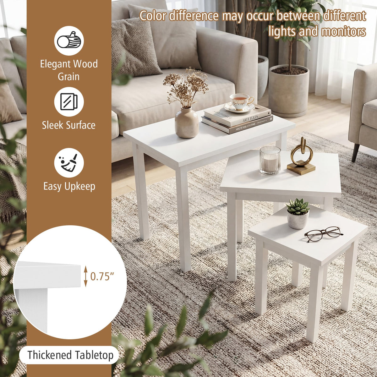 3-Piece Farmhouse Rectangle Side Table Set for Living Room-White-End & Side Tables-DECOROLALA