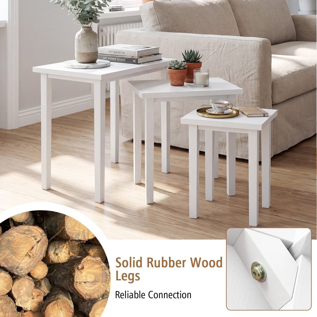 3-Piece Farmhouse Rectangle Side Table Set for Living Room-White-End & Side Tables-DECOROLALA