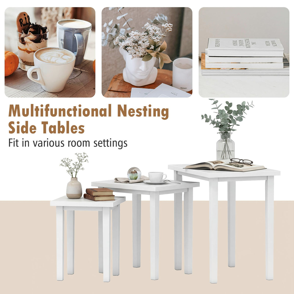 3-Piece Farmhouse Rectangle Side Table Set for Living Room-White-End & Side Tables-DECOROLALA