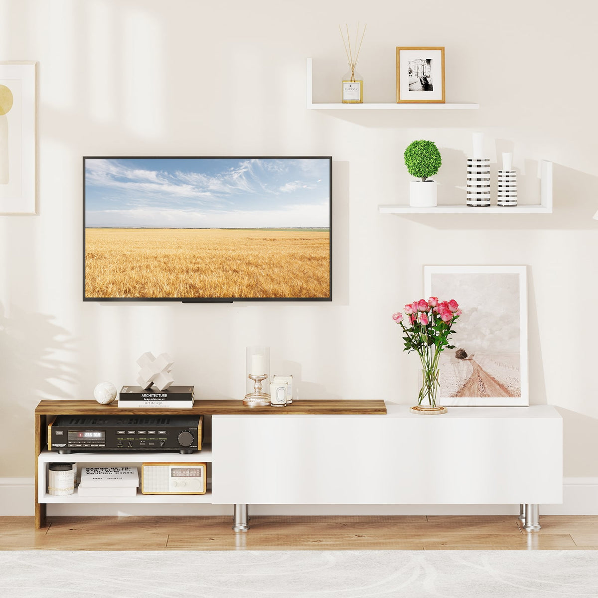 3-Piece Farmhouse TV Stand for 80" TVs with Shelves - White & Walnut-Entertainment Centers & TV Stands-DECOROLALA