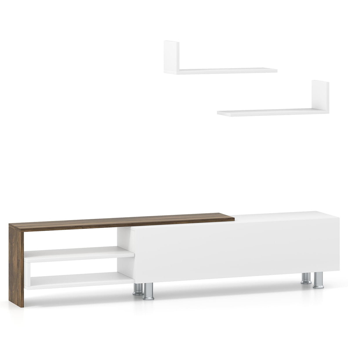 3-Piece Farmhouse TV Stand for 80" TVs with Shelves - White & Walnut-Entertainment Centers & TV Stands-DECOROLALA