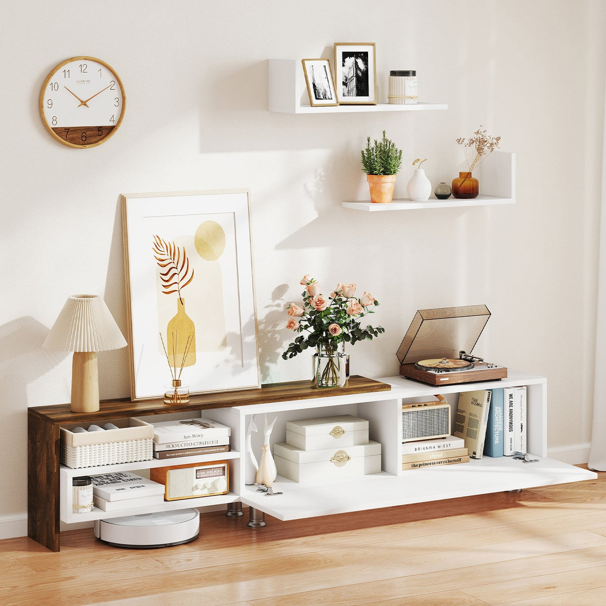 3-Piece Farmhouse TV Stand for 80" TVs with Shelves - White & Walnut-Entertainment Centers & TV Stands-DECOROLALA