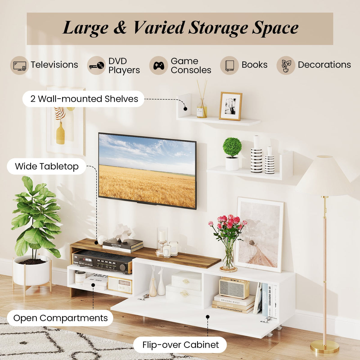 3-Piece Farmhouse TV Stand for 80" TVs with Shelves - White & Walnut-Entertainment Centers & TV Stands-DECOROLALA