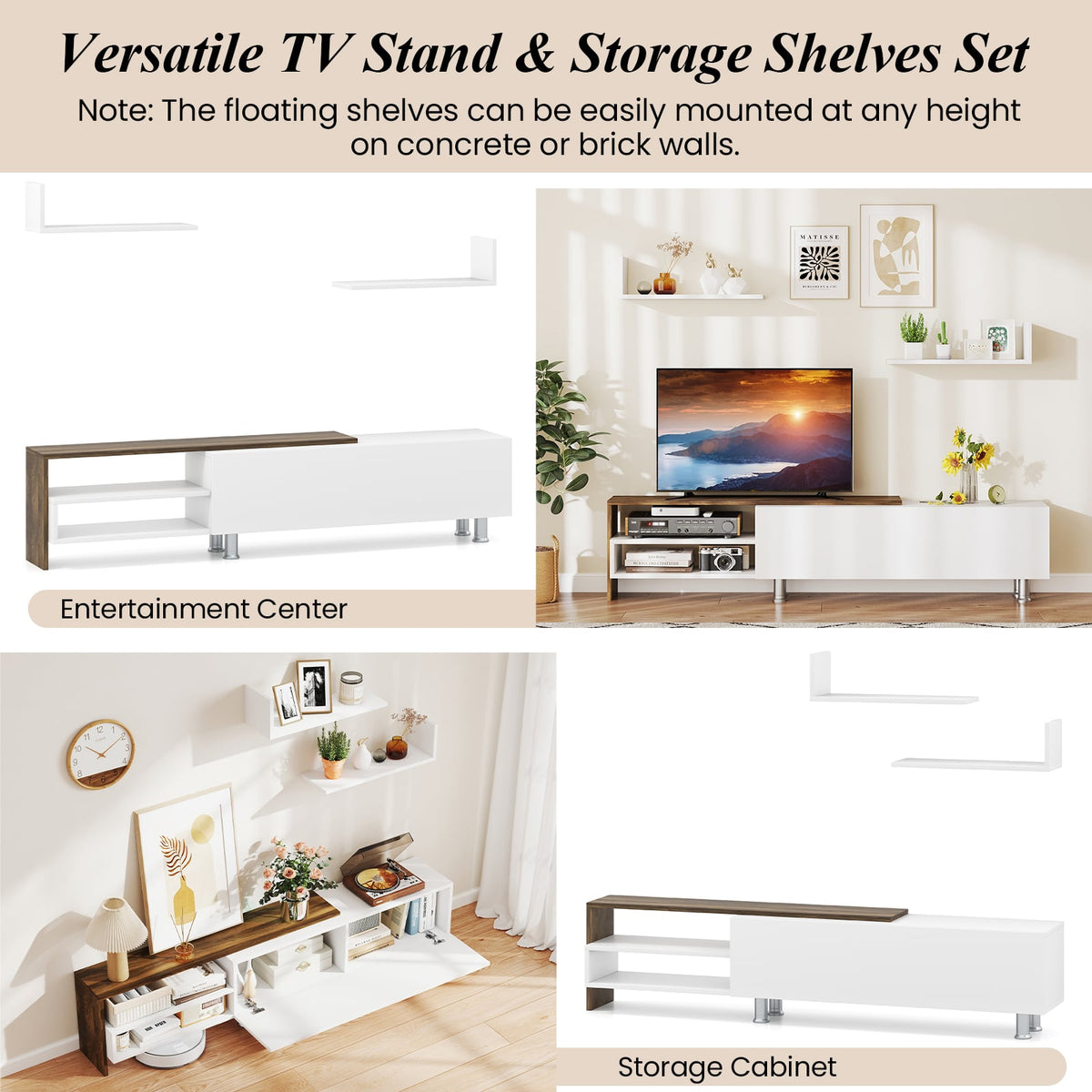 3-Piece Farmhouse TV Stand for 80" TVs with Shelves - White & Walnut-Entertainment Centers & TV Stands-DECOROLALA