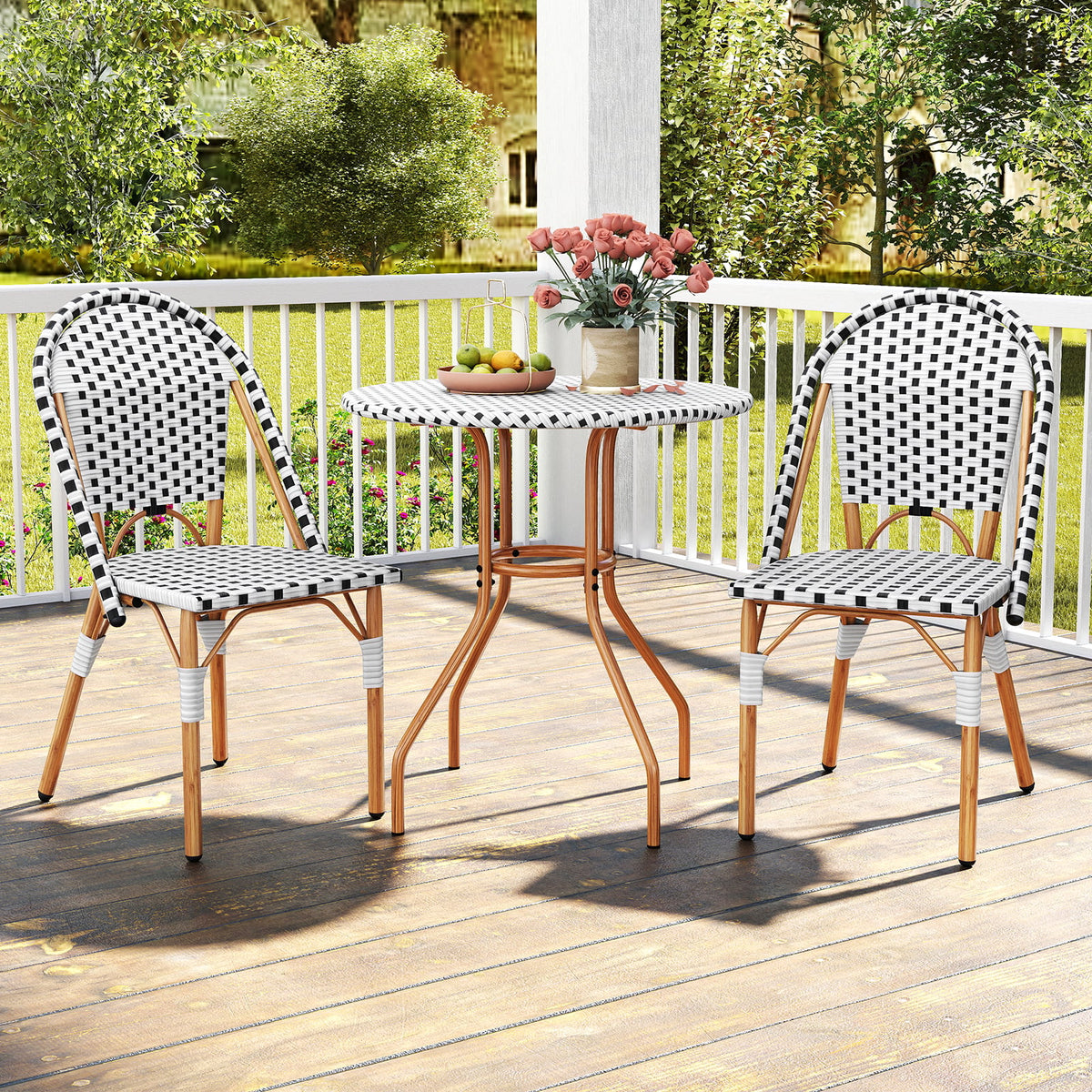 3 Piece French Bistro Table Chair Set with Outdoor Wicker Round Table and 2 Dining Chairs-Patio Dining Sets-DECOROLALA