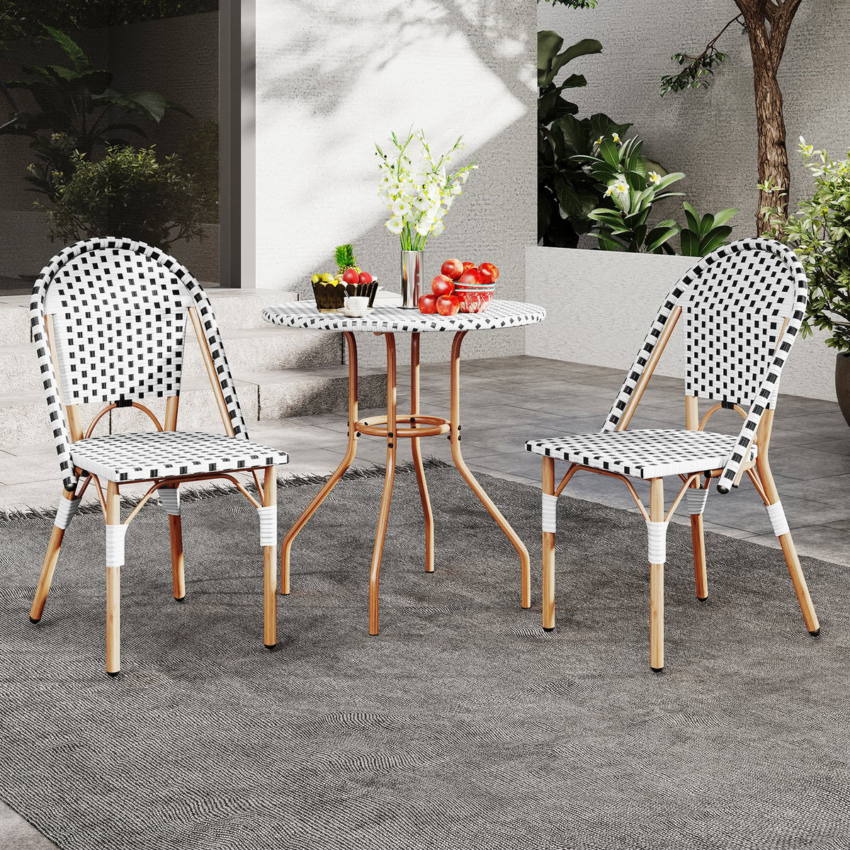 3 Piece French Bistro Table Chair Set with Outdoor Wicker Round Table and 2 Dining Chairs-Patio Dining Sets-DECOROLALA