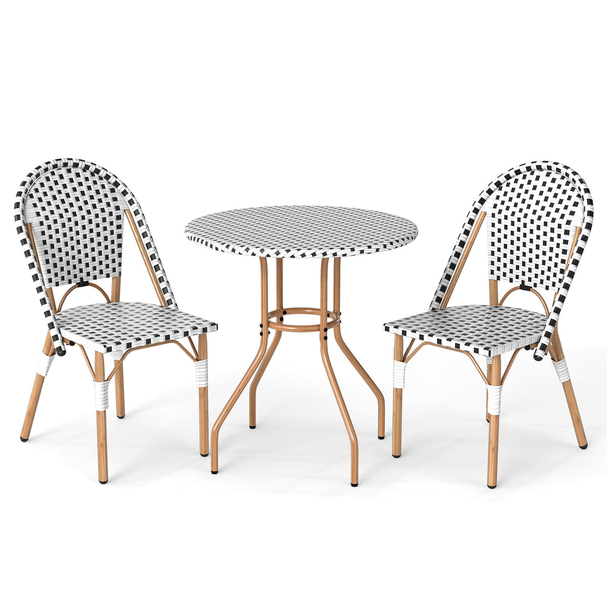3 Piece French Bistro Table Chair Set with Outdoor Wicker Round Table and 2 Dining Chairs-Patio Dining Sets-DECOROLALA