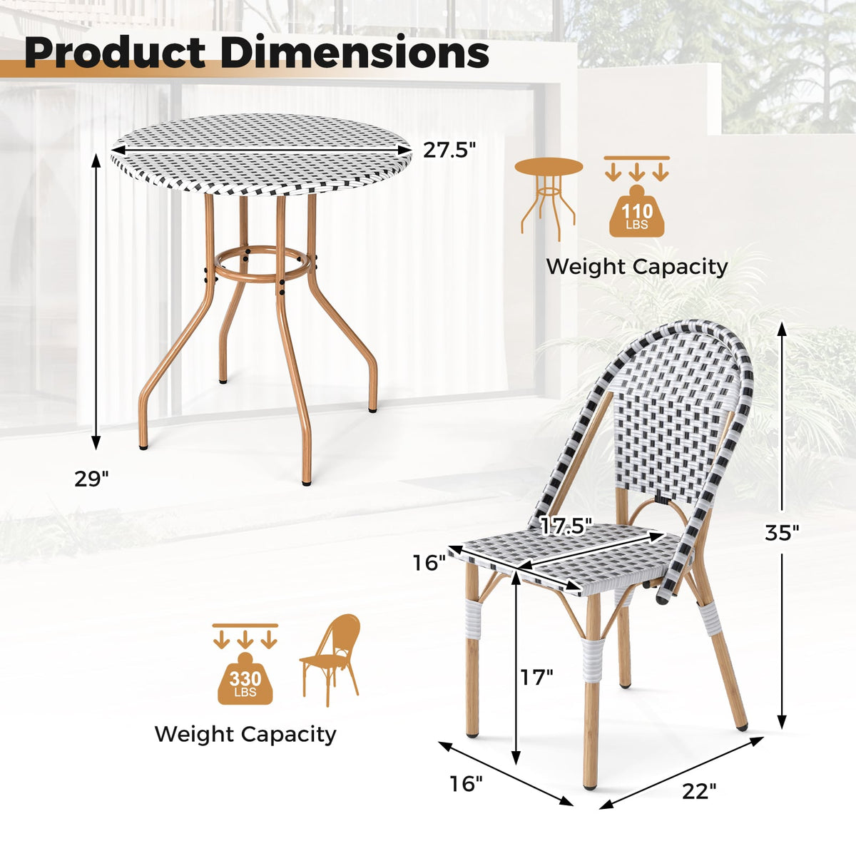3 Piece French Bistro Table Chair Set with Outdoor Wicker Round Table and 2 Dining Chairs-Patio Dining Sets-DECOROLALA