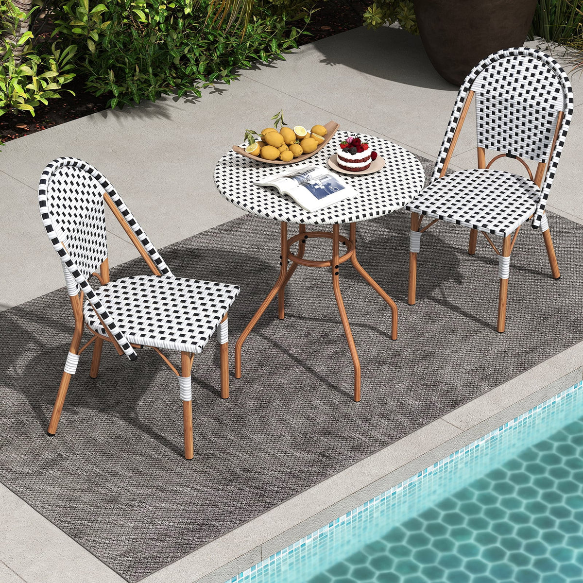 3 Piece French Bistro Table Chair Set with Outdoor Wicker Round Table and 2 Dining Chairs-Patio Dining Sets-DECOROLALA