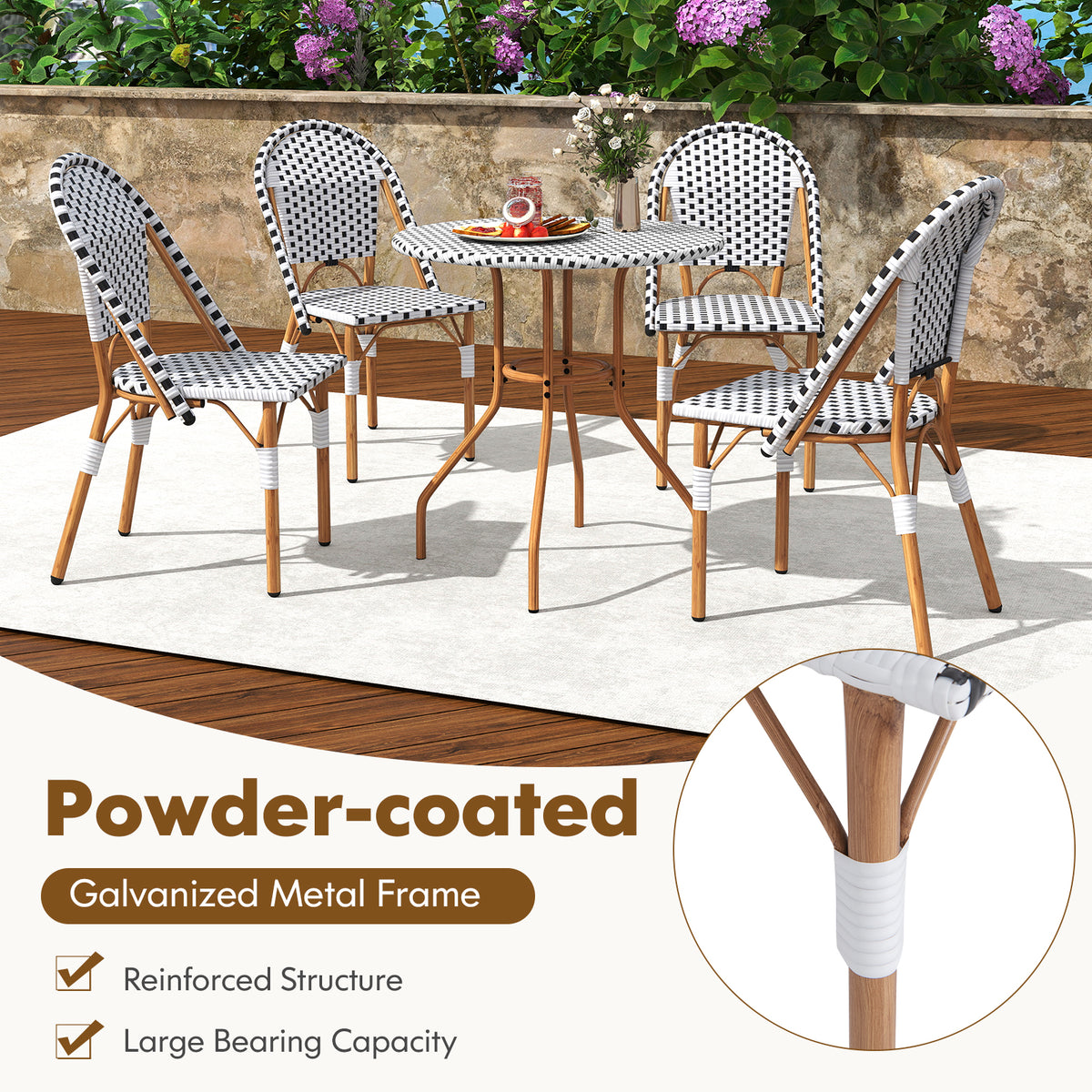 3 Piece French Bistro Table Chair Set with Outdoor Wicker Round Table and 2 Dining Chairs-Patio Dining Sets-DECOROLALA