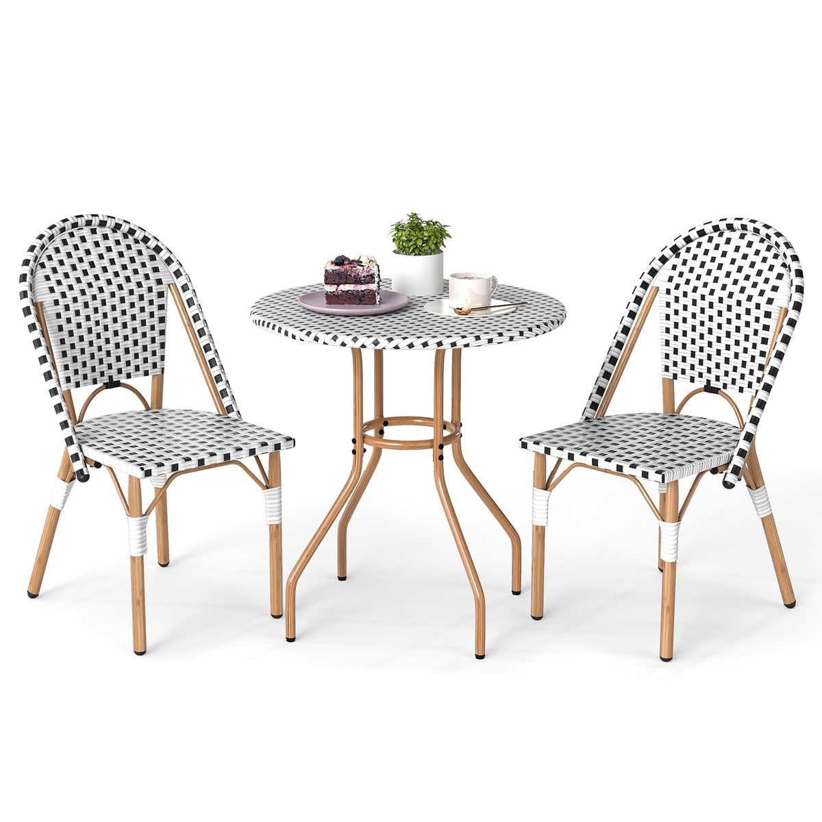 3 Piece French Bistro Table Chair Set with Outdoor Wicker Round Table and 2 Dining Chairs-Patio Dining Sets-DECOROLALA