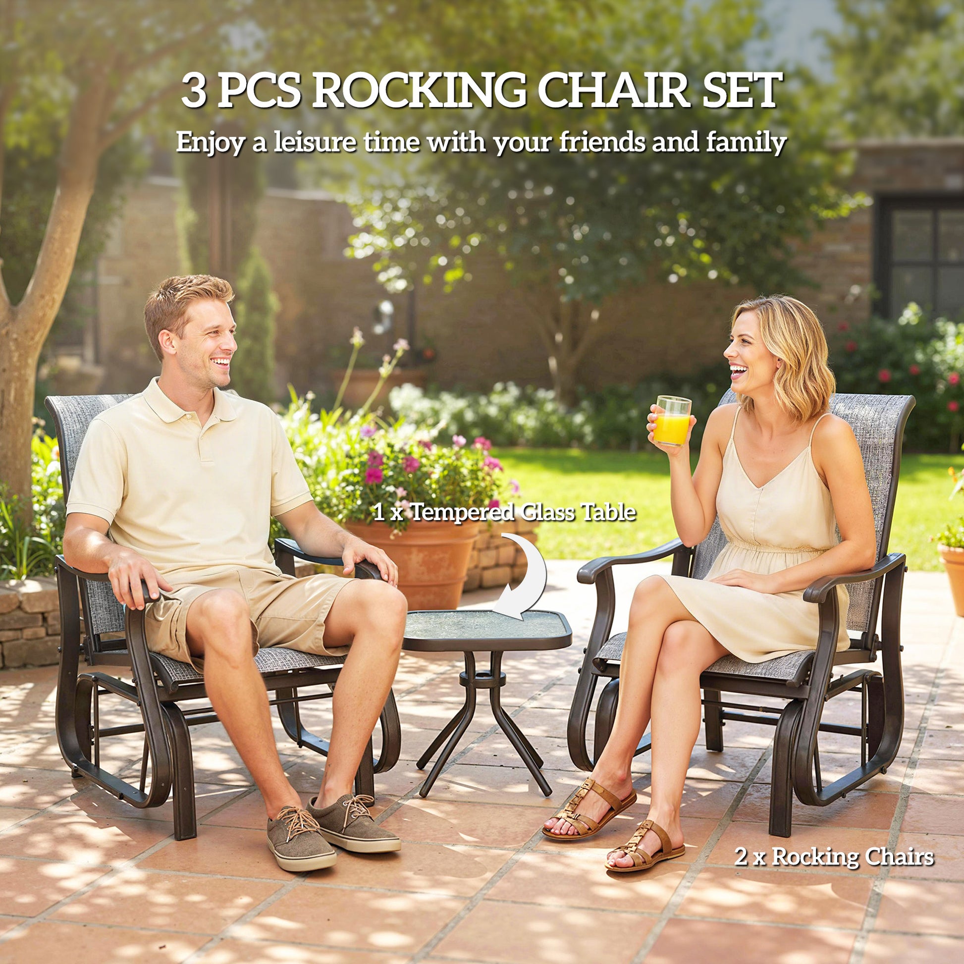 3-Piece Gliding Chair & Table Set - Grey-DECOROLALA
