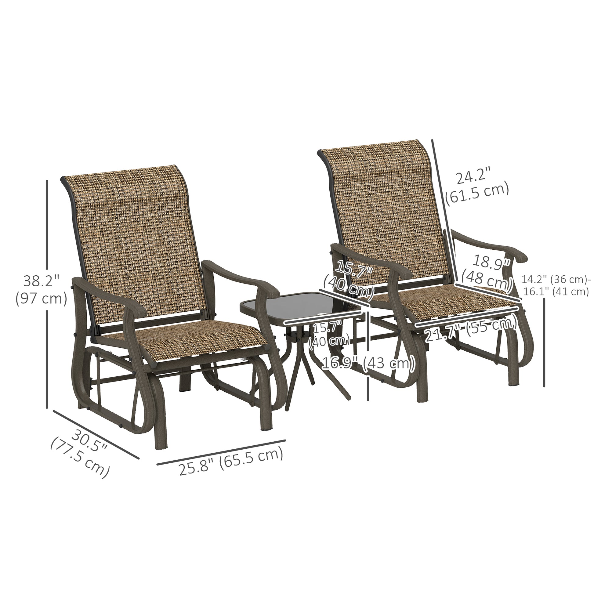 3-Piece Gliding Rocking Chair & Bistro Table Set, Brown Outdoor Furniture-DECOROLALA