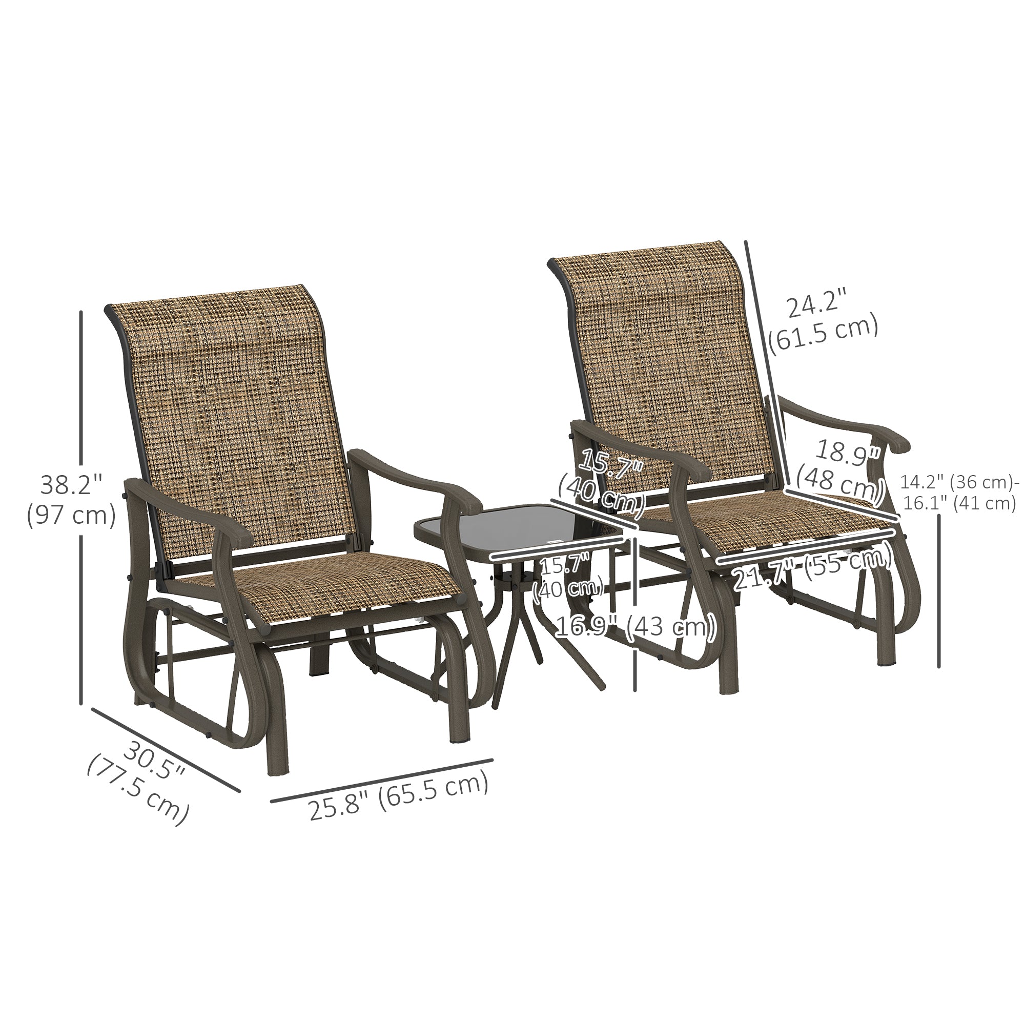 3-Piece Gliding Rocking Chair & Bistro Table Set, Brown Outdoor Furniture-DECOROLALA