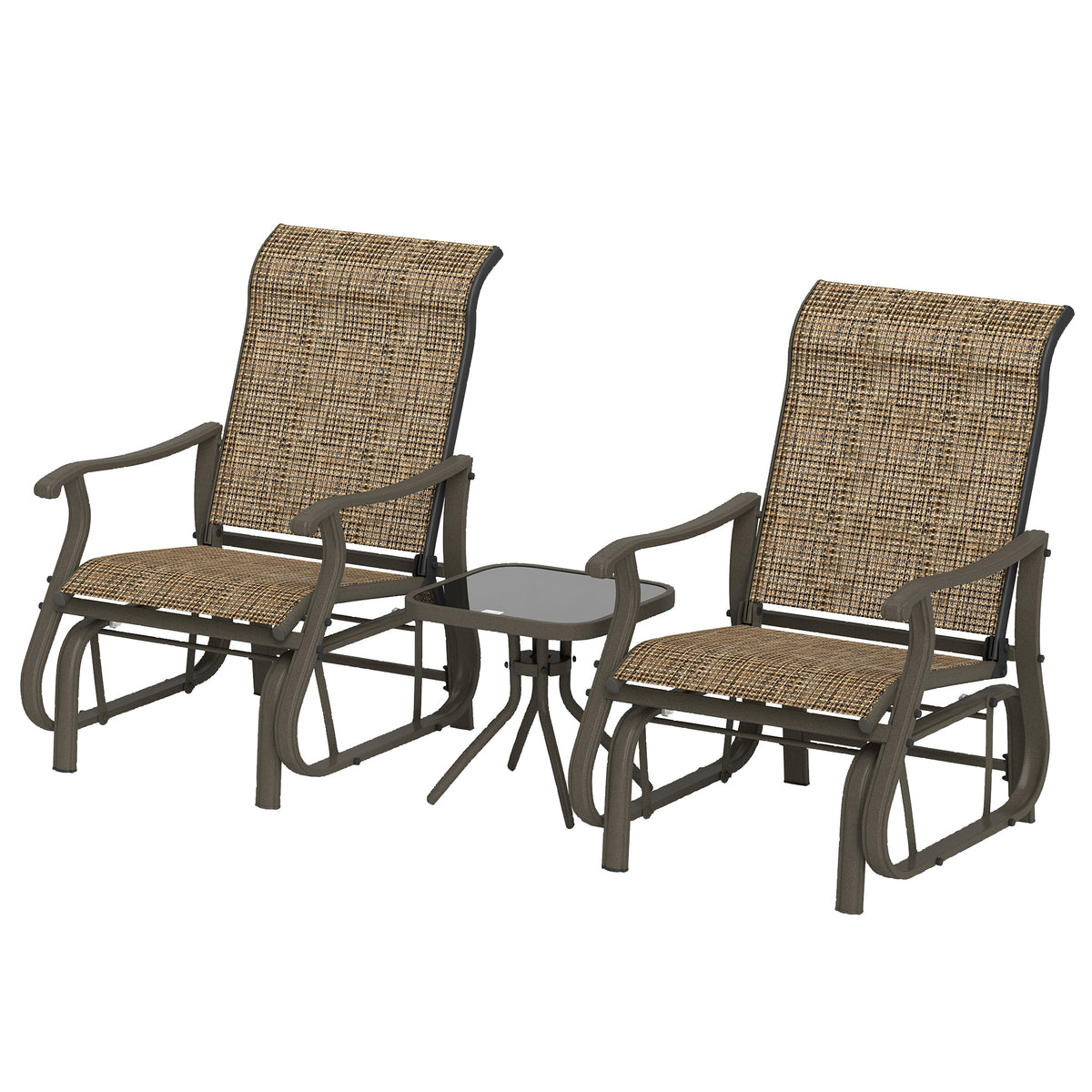 3-Piece Gliding Rocking Chair & Bistro Table Set, Brown Outdoor Furniture-DECOROLALA