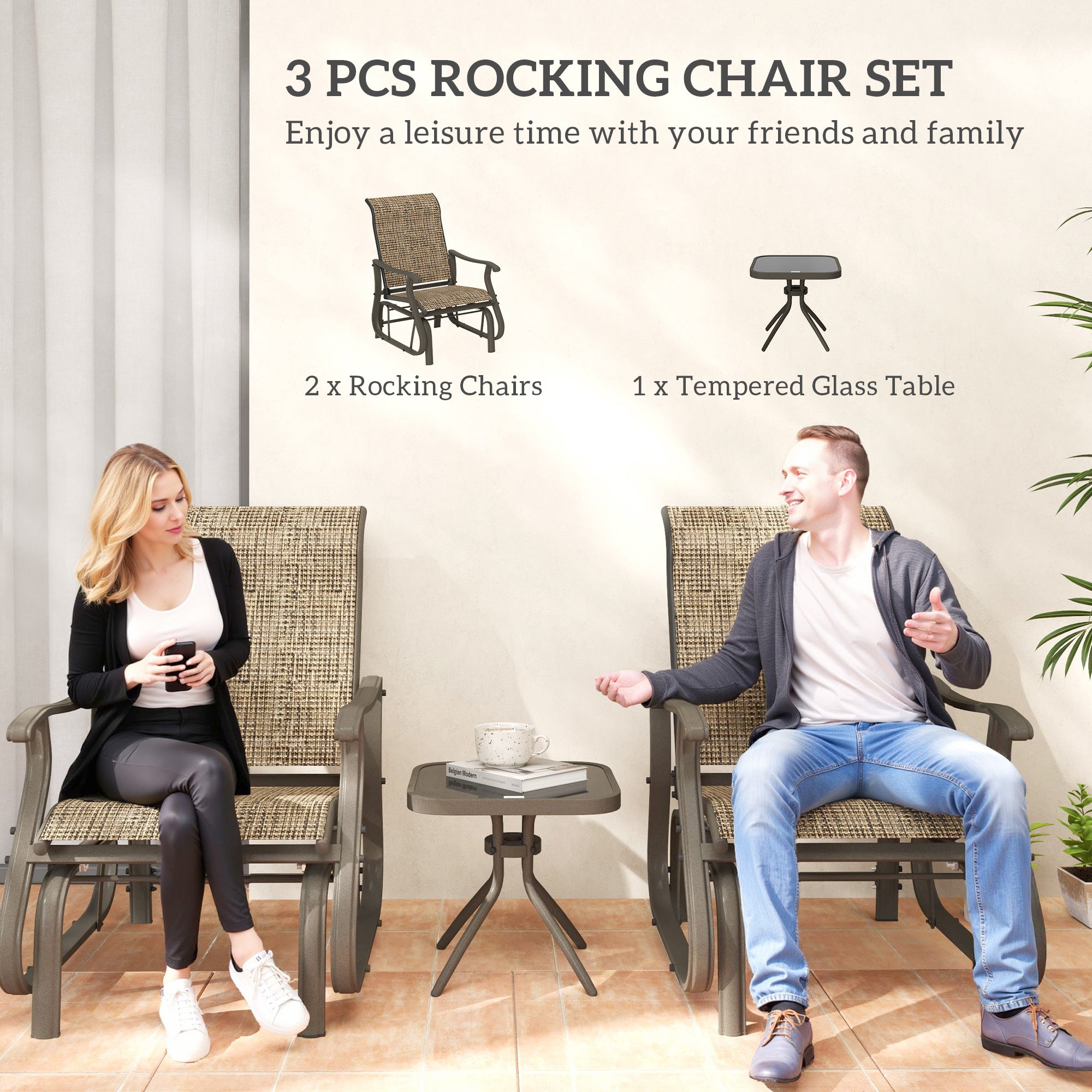 3-Piece Gliding Rocking Chair & Bistro Table Set, Brown Outdoor Furniture-DECOROLALA