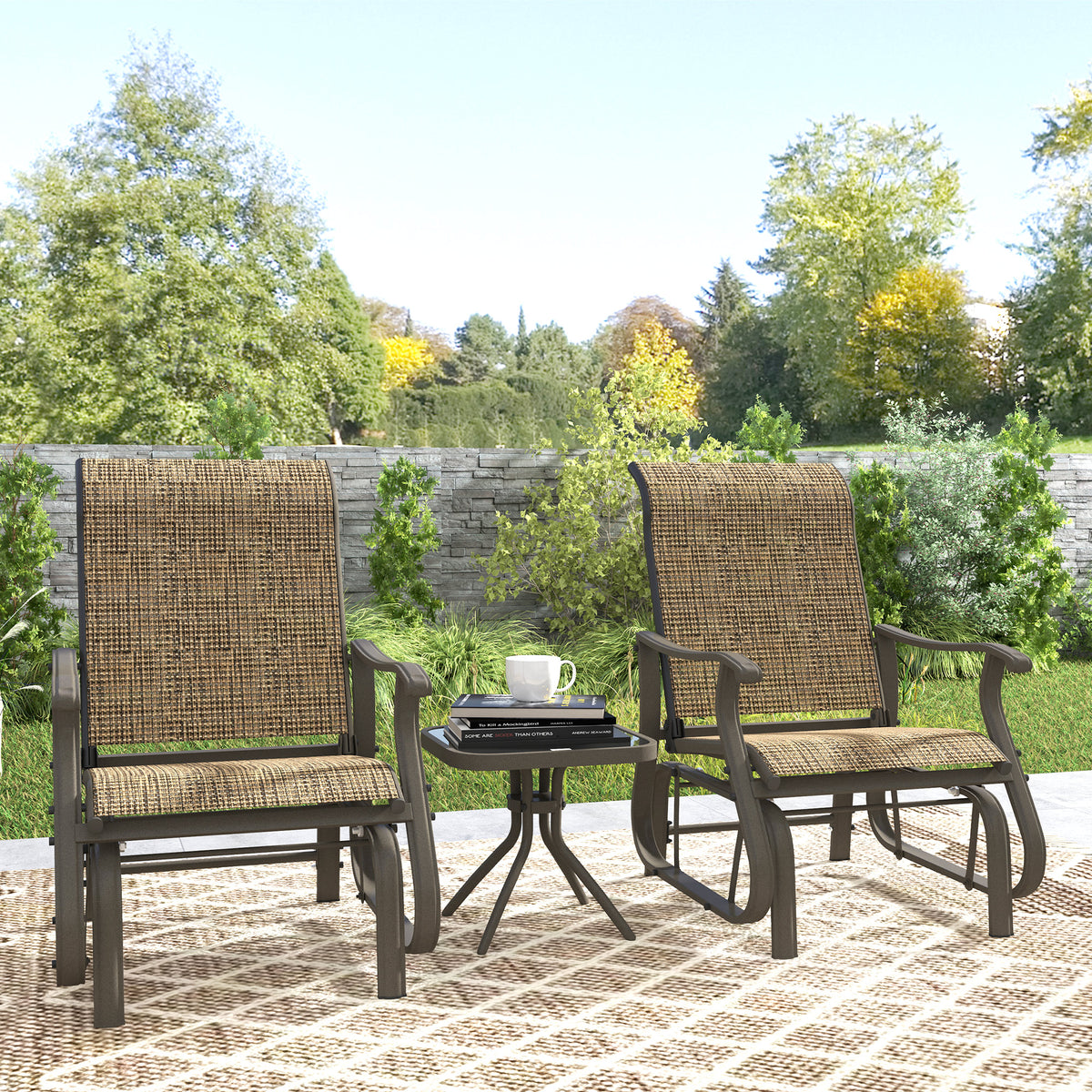 3-Piece Gliding Rocking Chair & Bistro Table Set, Brown Outdoor Furniture-DECOROLALA
