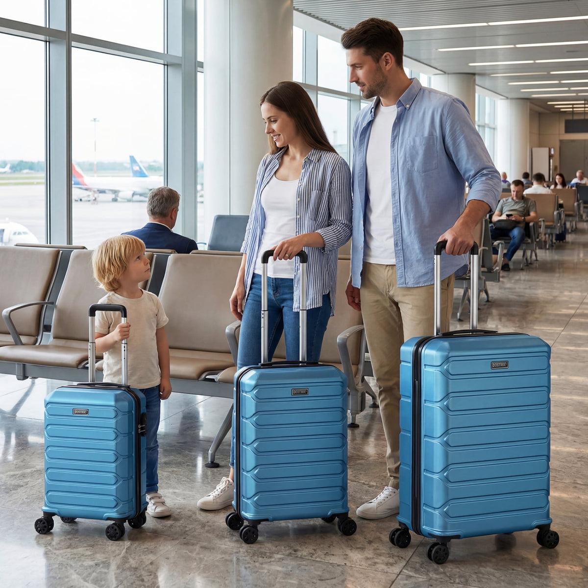3-Piece Hardside Luggage Set Lightweight Hardside Suitcases with 8-Spinner Wheels-Blue-Camping Equipment-DECOROLALA