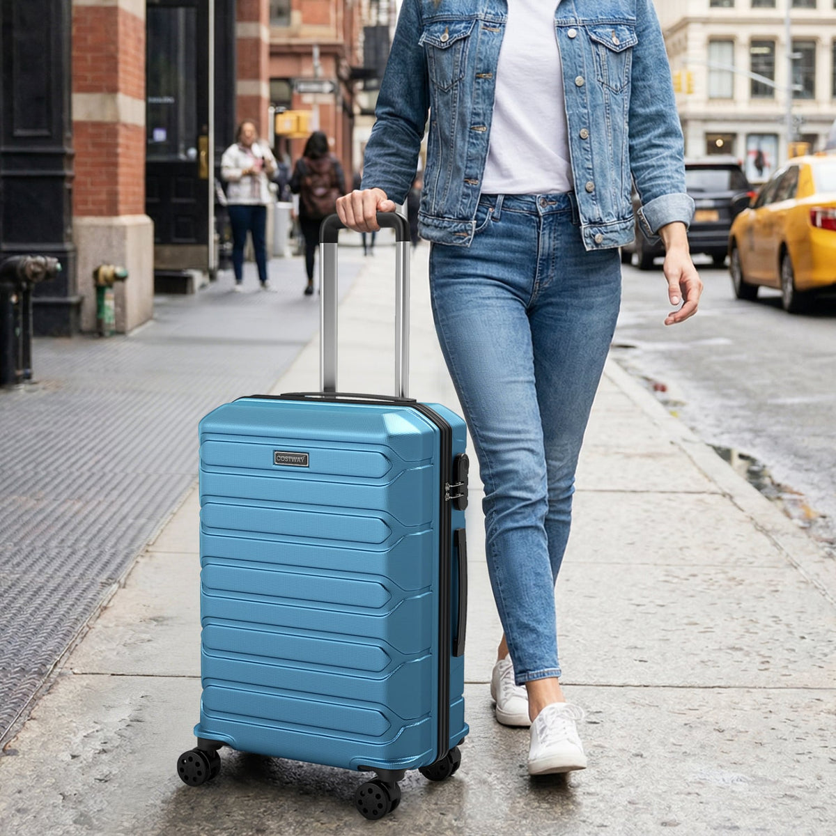 3-Piece Hardside Luggage Set Lightweight Hardside Suitcases with 8-Spinner Wheels-Blue-Camping Equipment-DECOROLALA