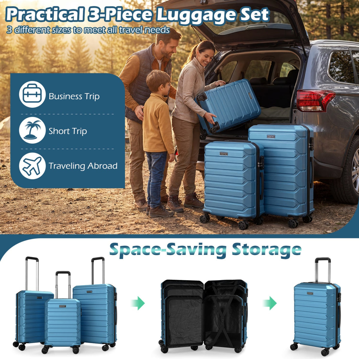3-Piece Hardside Luggage Set Lightweight Hardside Suitcases with 8-Spinner Wheels-Blue-Camping Equipment-DECOROLALA