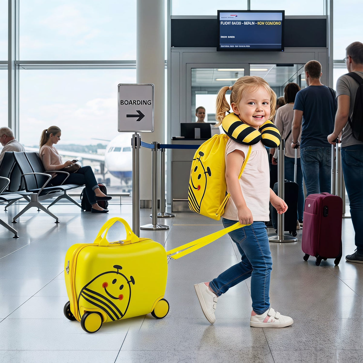 3-Piece Kids Carry-on Luggage Set with Headrest and Backpack for Travel-Yellow-Kids Suitcases-DECOROLALA
