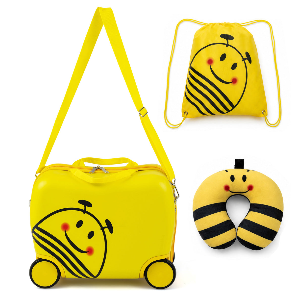 3-Piece Kids Carry-on Luggage Set with Headrest and Backpack for Travel-Yellow-Kids Suitcases-DECOROLALA
