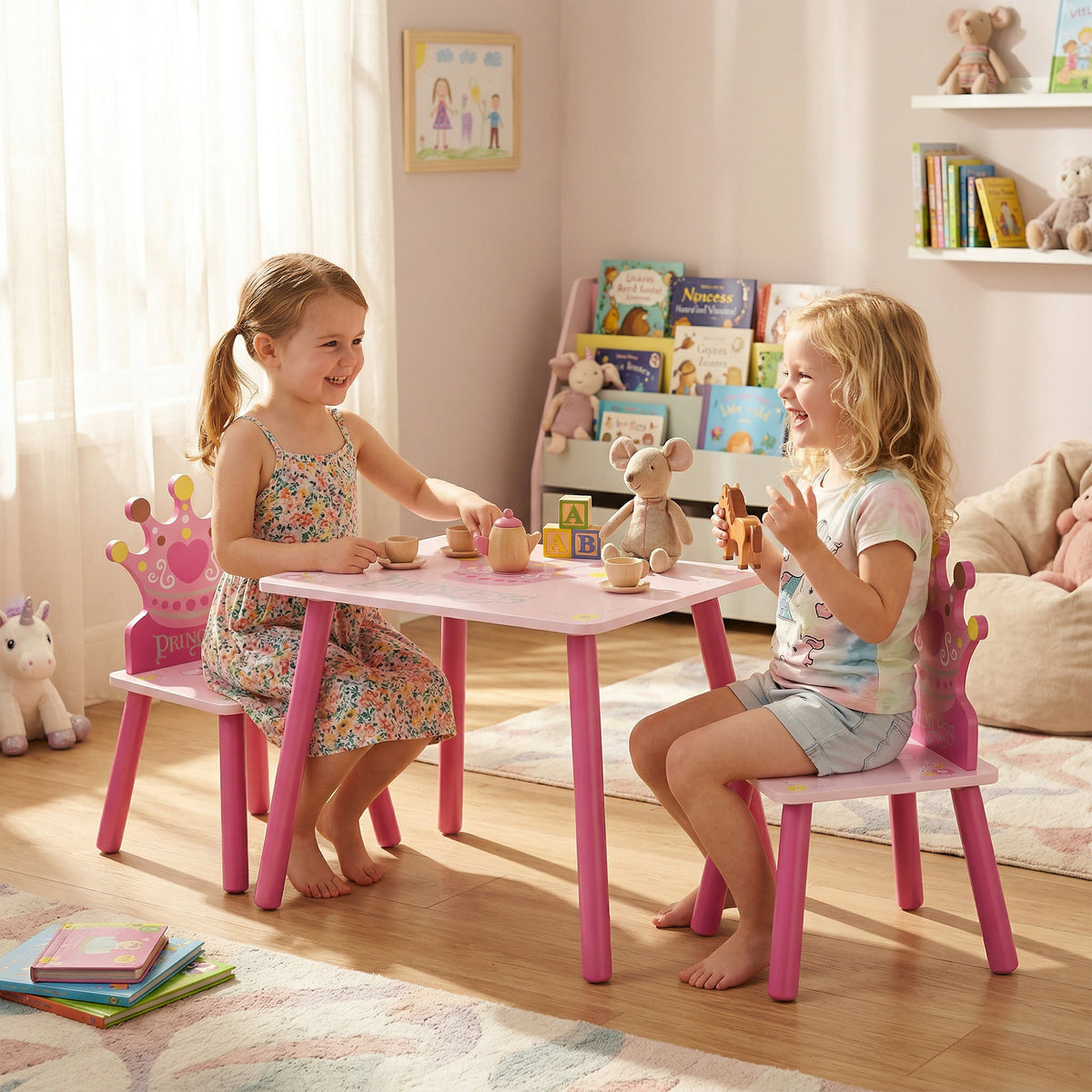 3-Piece Kids Table and Chair Set - Pink Wooden Crown Pattern-Toys & Games > Toddler & Kids Furniture > Kids Table Sets-DECOROLALA