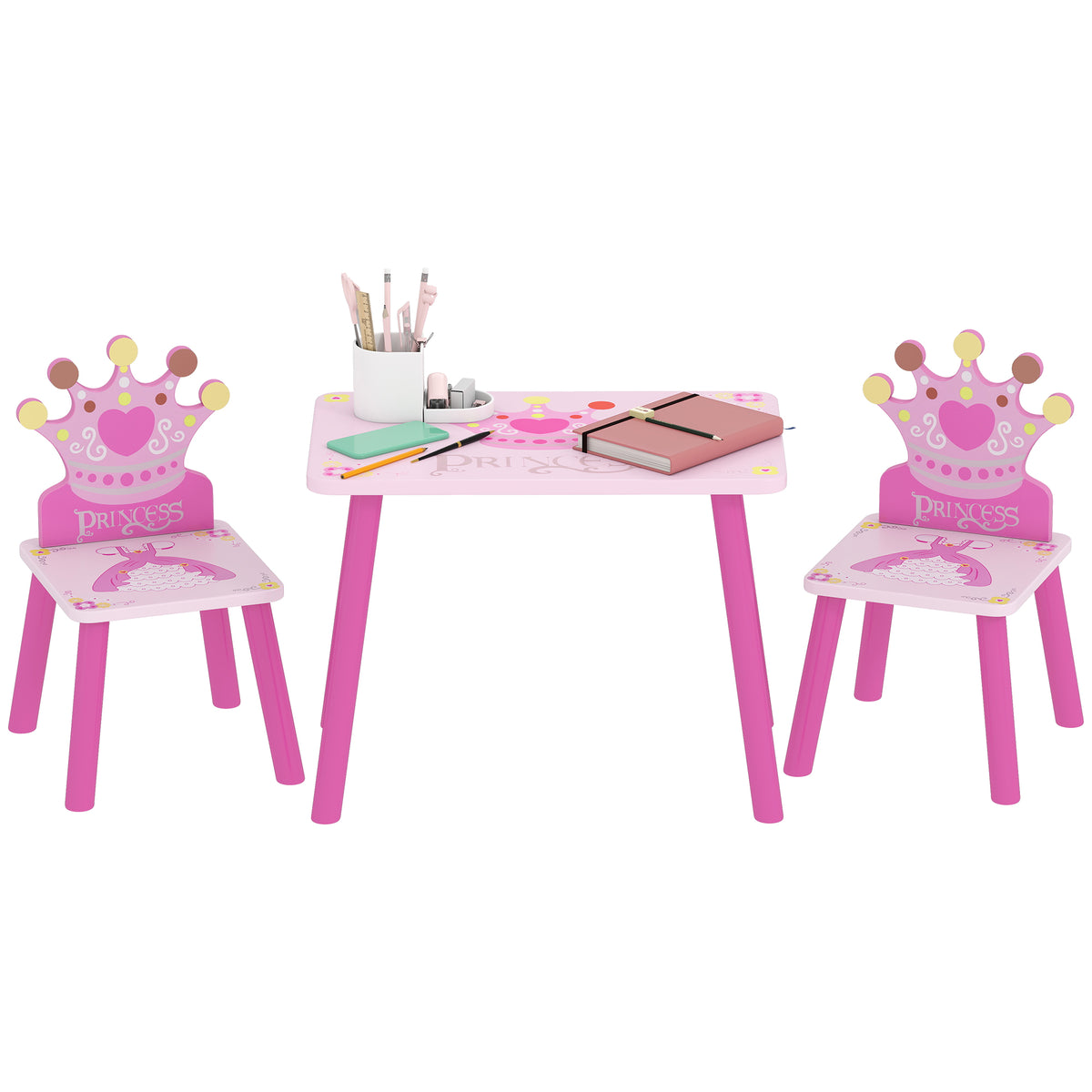 Aosom 3-Piece Kids Table and Chair Set - Pink Wooden Crown Pattern-Toys & Games > Toddler & Kids Furniture > Kids Table Sets-DECOROLALA