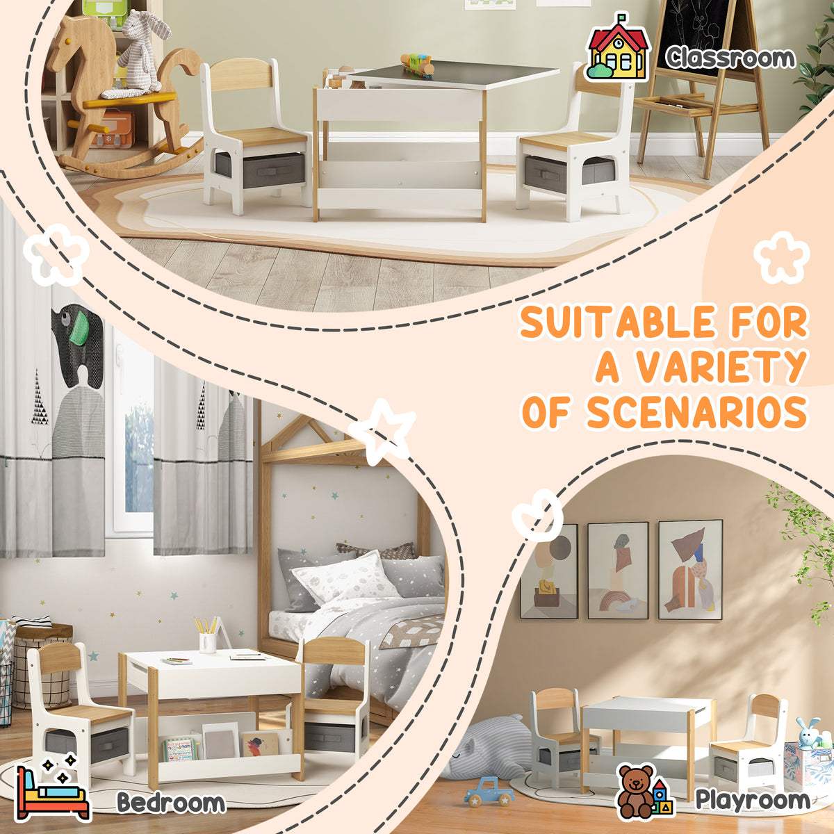 3-Piece Kids Table and Chair Set with Storage - White-Toys & Games > Toddler & Kids Furniture > Kids Table Sets-DECOROLALA