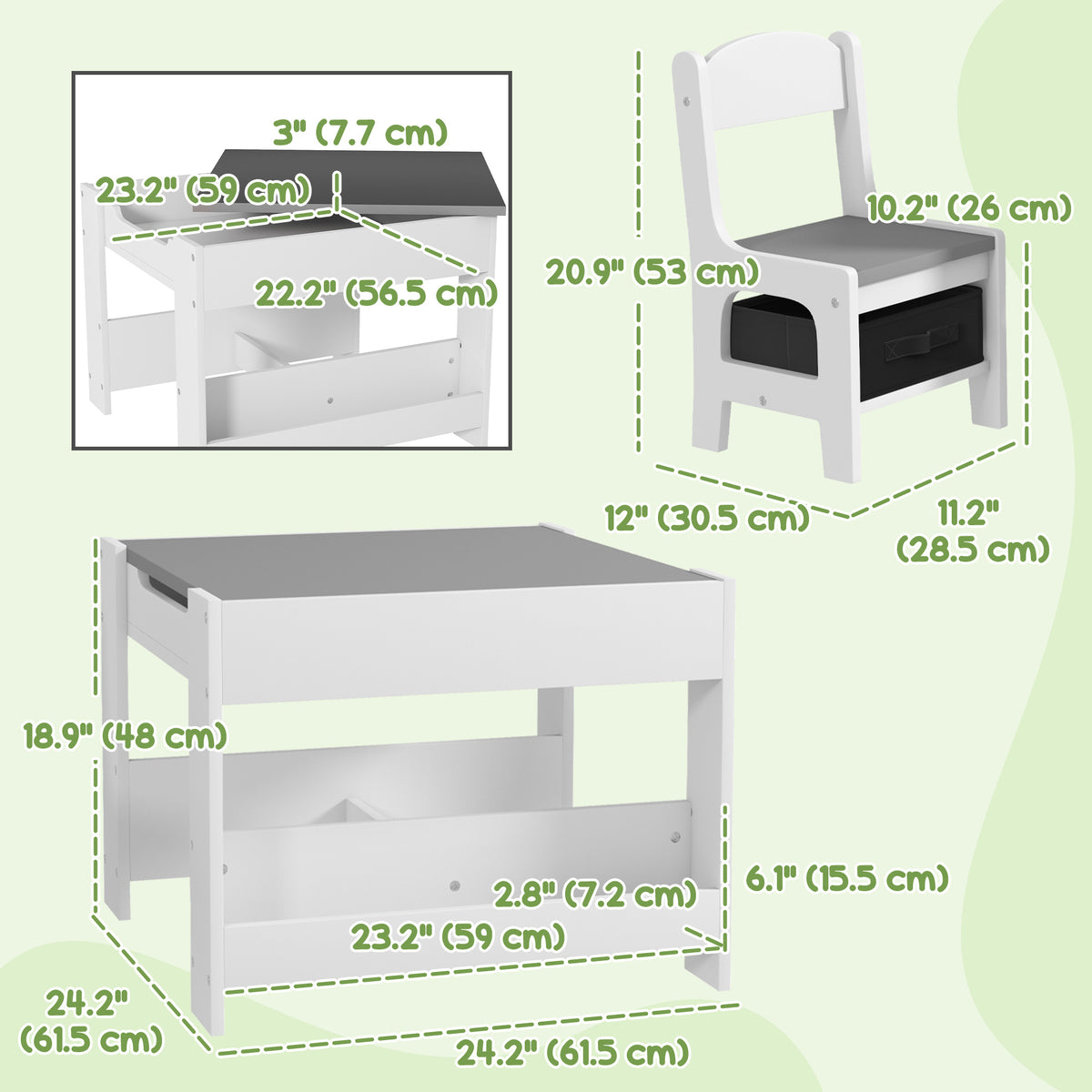 3-Piece Kids Table and Chair Set with Storage - White-Toys & Games > Toddler & Kids Furniture > Kids Table Sets-DECOROLALA