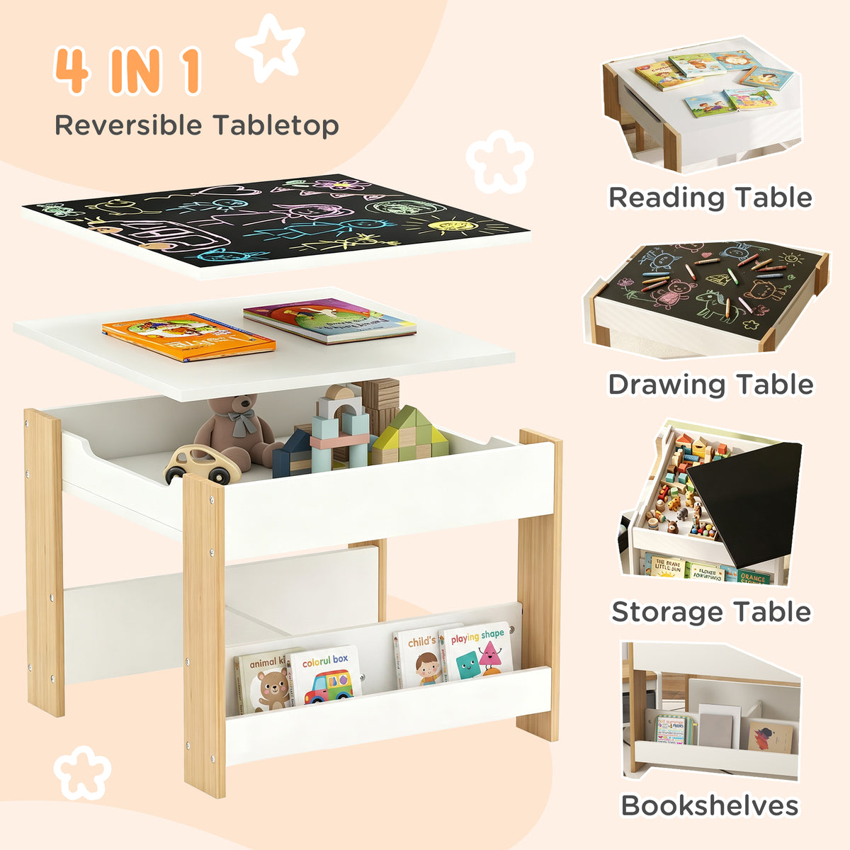 3-Piece Kids Table and Chair Set with Storage - White-Toys & Games > Toddler & Kids Furniture > Kids Table Sets-DECOROLALA