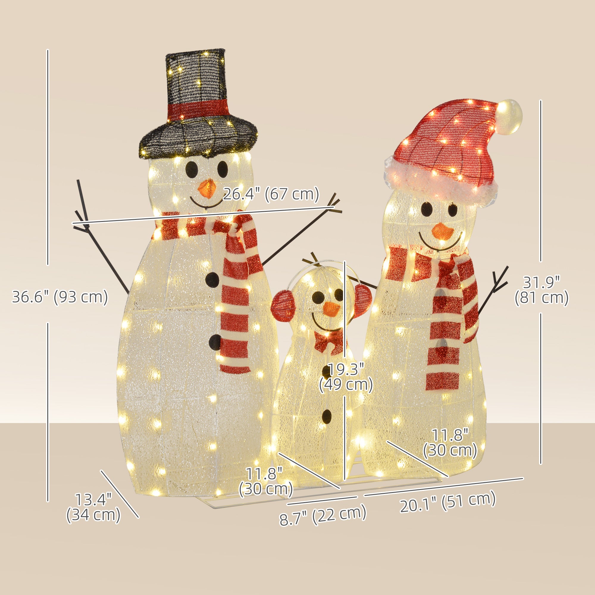 3-Piece Lighted Snowman Family Outdoor Christmas Decor - White-Home Furnishings > Holiday & Seasonal > Christmas Decorations-DECOROLALA